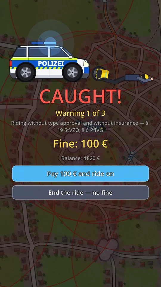 Caught: the patrol car and the rider on the ground, warning 1 of 3, the legal charge and a 100 € fine