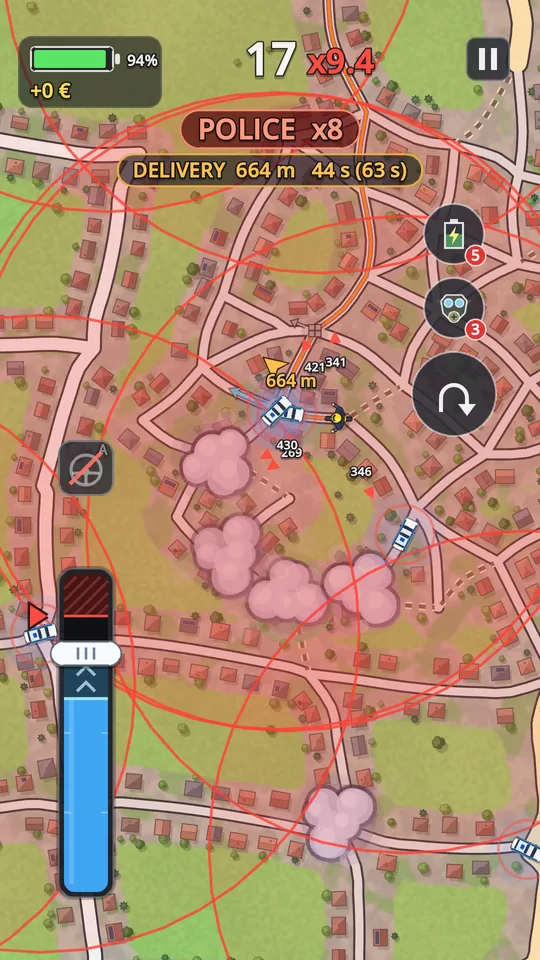 A chase: patrol cars after the rider, exhaust clouds at the junctions, the reputation multiplier at x9.4
