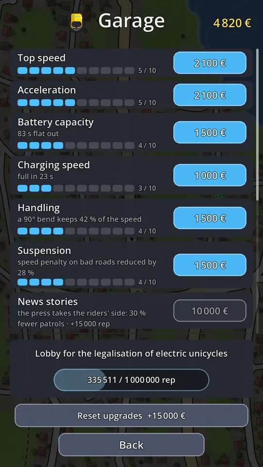 The garage: six wheel stats with ten upgrade levels each, reputation to buy, and the law at a million reputation