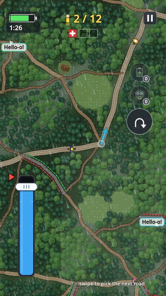 The rescue: a rainy forest from above, trails and stairs, hikers calling for help, rescue kits in the HUD