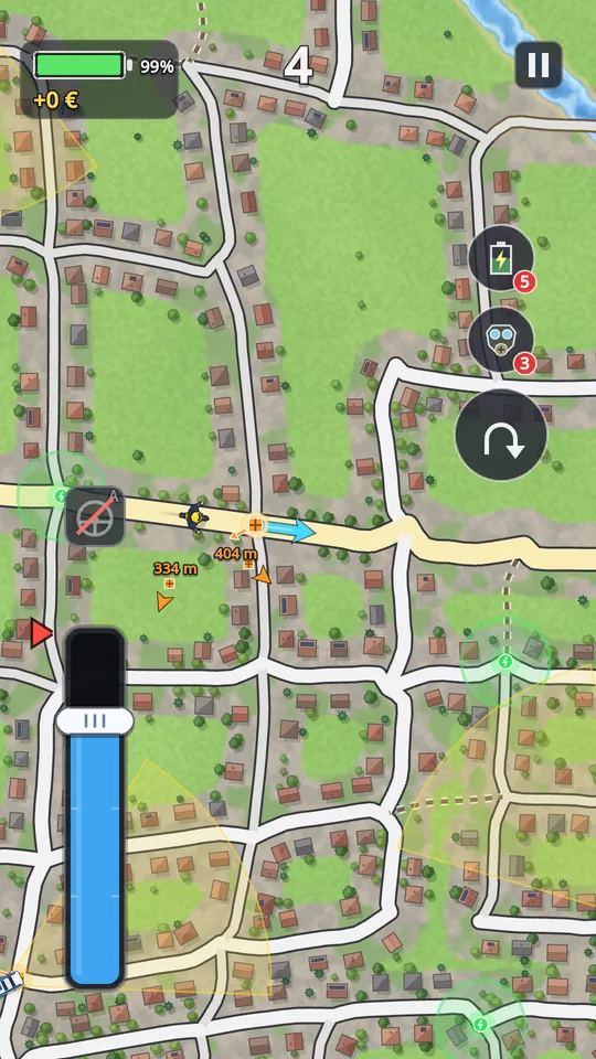 Riding through a town of houses and gardens: patrol cars' vision cones, charging stations, parcels and the navigator's pointers