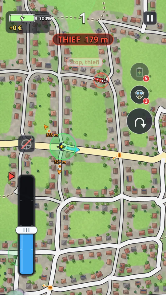 A thief on a red motorbike fleeing ahead of the rider, the THIEF banner with the distance